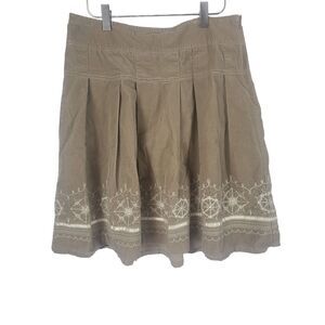 Ann Taylor Loft Mini Corduroy Skirt 4 Womens Brown Pleated Side Zip Embroidered